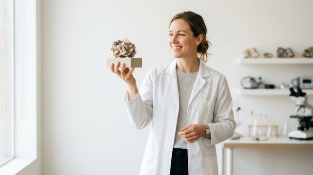 Female geologist presenting a rock sample on a matte block in a bright studio, showcasing science education and research with copy space