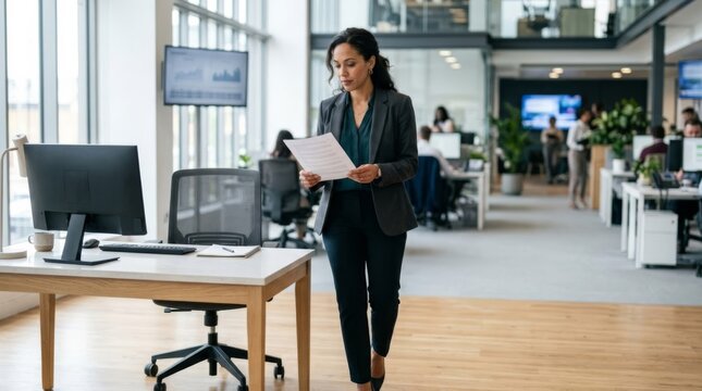 Professional business woman reviewing documents in a modern, bright office with natural light and copy space