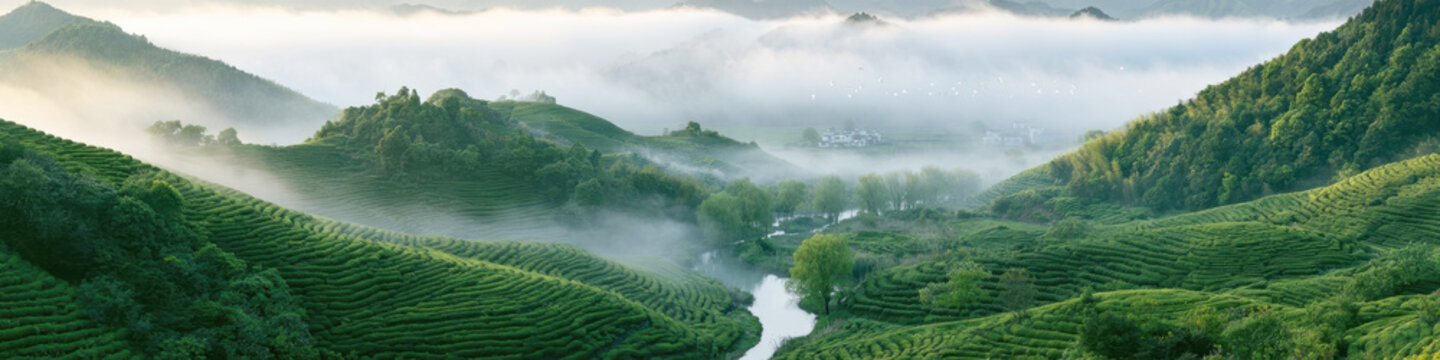 Breathtaking panoramic landscape of lush green tea plantations covered in mist and morning fog with rolling hills and a winding river under a soft sunrise sky in a peaceful rural countryside.