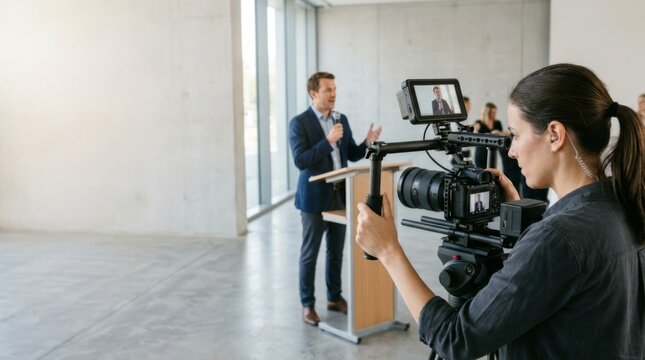 Video Journalist Films Speaker at Podium in Modern Conference Room with Natural Light