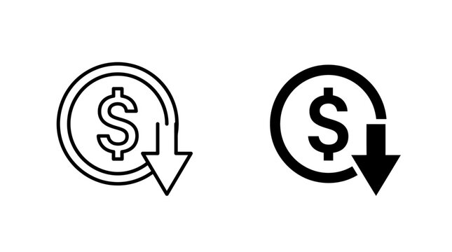 Black and white dollar coin icon with a downward arrow symbol representing price reduction or financial loss