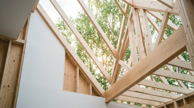 Under construction wooden house interior with rafters and skylight view of green trees, offering ample copy space