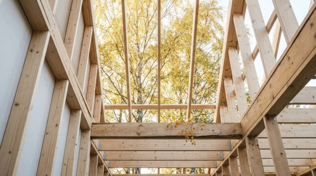 Inside unfinished timber frame house looking up at golden birch trees through open rafters, bright natural light and copy space