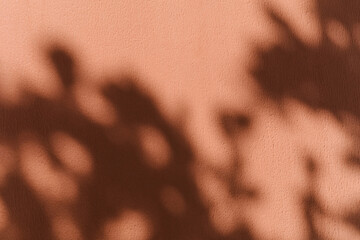 Obraz premium Sharp tropical leaf shadow cast on a dark terracotta wall. Mediterranean summer aesthetic, sunlight, warm vacation vibe, rustic exterior, natural background, minimalist botanical design.