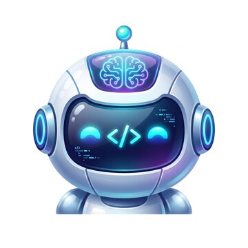 Friendly robot head with a glowing brain and coding symbols on its screen, isolated on white background