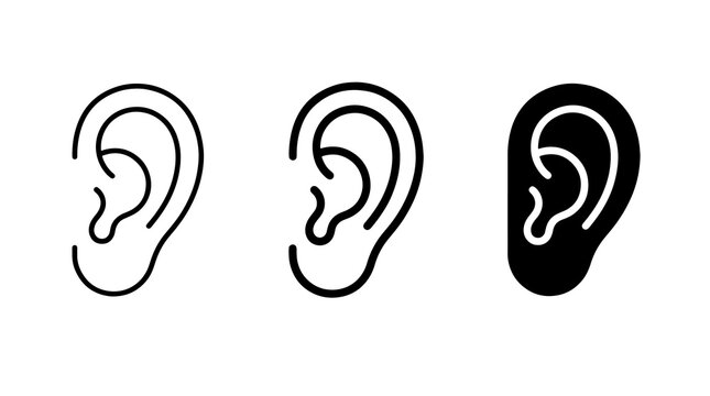 Minimalist ear icon set featuring black outline and solid human body parts for medical design