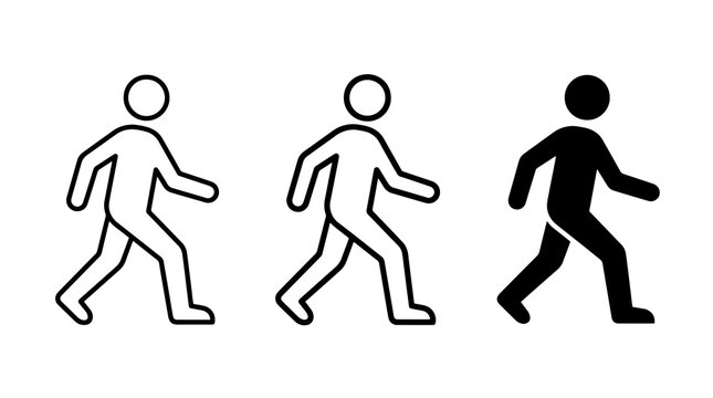 Minimalist pedestrian icons showing walking figures in black outline and solid style