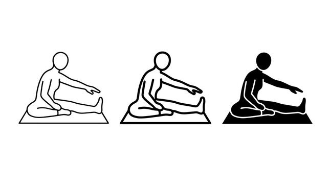 Minimalist stretching icon set featuring black outlines and solid yoga poses on isolated plain backdrop