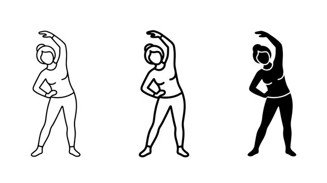 Minimalist black icons of woman stretching body for fitness and health promotion