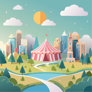 Chapiteau de cirque dans parc urbain, ville color&eacute;e et festive