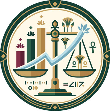 Circular emblem featuring a balance scale, bar chart, and ancient egyptian symbols in a flat style