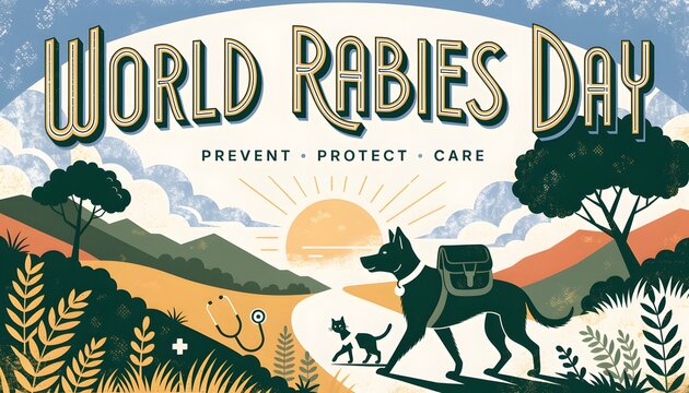 World rabies day illustration with dog and cat in landscape prevent rabies protect pets care for animals veterinary awareness pet health rabies prevention