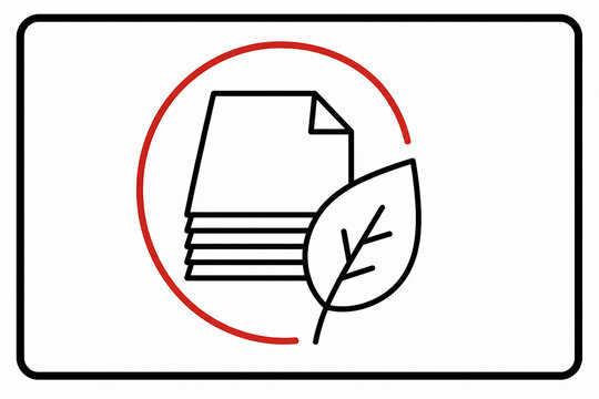 A line art icon depicting a stack of documents with a leaf overlay inside a red circle on a white background.