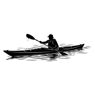 Kayak paddler navigating through calm river waters, vector silhouette, pure white background.