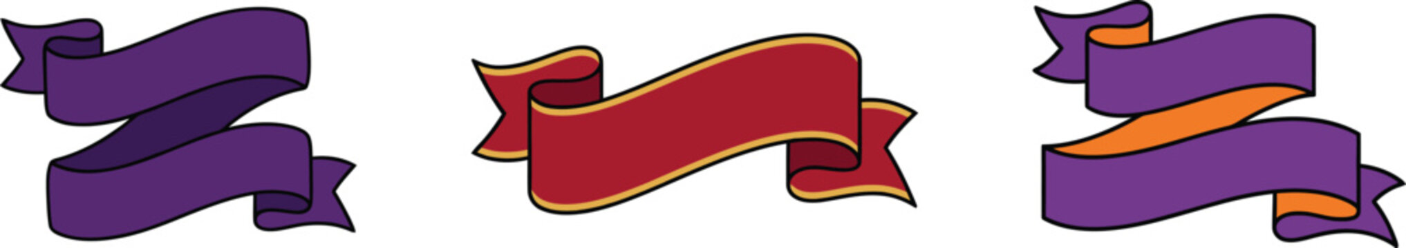 Blank ribbon banner vector collection, decorative purple and red scroll frames for titles and labels