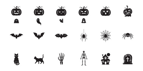 Fototapeta premium Collection of halloween spooky icons including pumpkins ghosts bats spiders cats skeletons and tombstone.