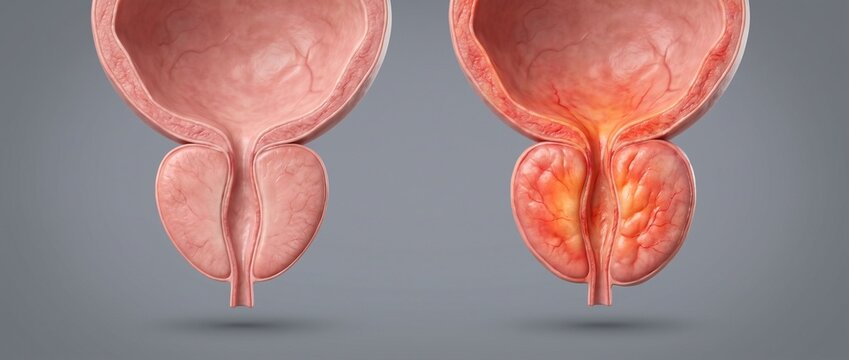 Healthy vs enlarged prostate gland comparison. 3D illustration showing normal male anatomy and Benign Prostatic Hyperplasia (BPH) or prostatitis with inflammation compressing the urethra