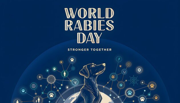 World rabies day concept featuring a dog looking at a globe network of medical icons rabies awareness animal health pet protection veterinary research public health