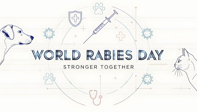 World rabies day medical sketch composition with dog portrait and vaccine syringe rabies prevention pet health veterinary awareness animal welfare stronger together