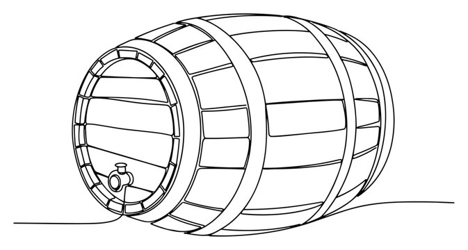 Wooden Wine Barrel with Tap Continuous Line Art, Rustic Oak Beer Cask and Winery Keg Minimalist Vector Illustration