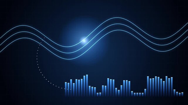 Abstract Digital Audio Waveform Animation with Glowing Neon Blue Sine Waves and Dynamic Sound Progress Bars Visualizing Musical Frequencies and Beats