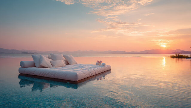 A luxurious floating daybed with drinks in an infinity pool at sunset, offering a serene escape for guests.