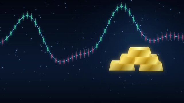 Gold bars stacking on dark blue background with digital financial stock market graph animation for global wealth investment and banking growth trends