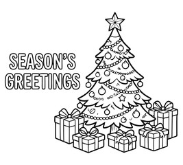 Black and white illustration of a christmas tree with gifts and holiday greetings © TanvirAhamed