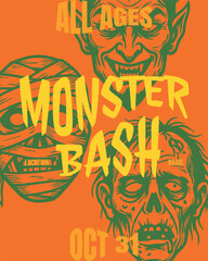 Fototapeta premium thrilling festive halloween monster bash social media feed template, eerie costume party celebration flyer with carved woodcut illustrations