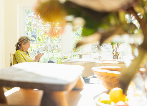 adult woman sitting at table in light filled room using mobile phone with laptop on table