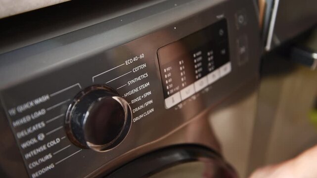 A person loading a washing machine and using the eco wash programme to wash clothes. A technology, energy saving  concept.