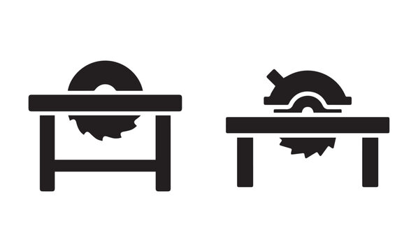 Black silhouette icons of industrial table saws for woodworking construction with table saw