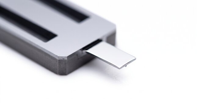 AFM probe optical lever mirror. Solid silicon substrate featuring a highly reflective aluminum coating for surface metrology. Extreme macro laboratory hardware isolated on white background.