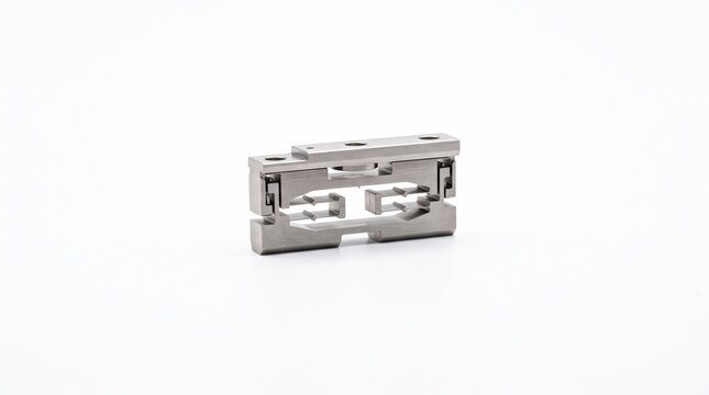 Titanium flexure stage hinge for nanopositioning. Wire-EDM cut aerospace metal block with pivot blades for sub-nanometer movement. Extreme macro precision hardware isolated on white background.