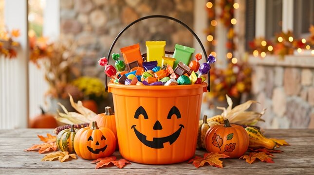 A vibrant halloween scene overflowing pumpkin bucket filled with delicious trick or treat candy