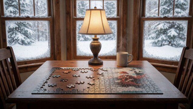 Wooden table jigsaw puzzle front large windows covered snow outside there trees blanket lamp beige lampshade w