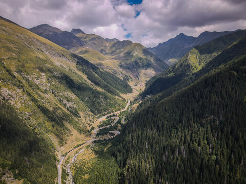 Transfagarasan Road Winding Through Rugged Fagaras Mountains Valley in Romania