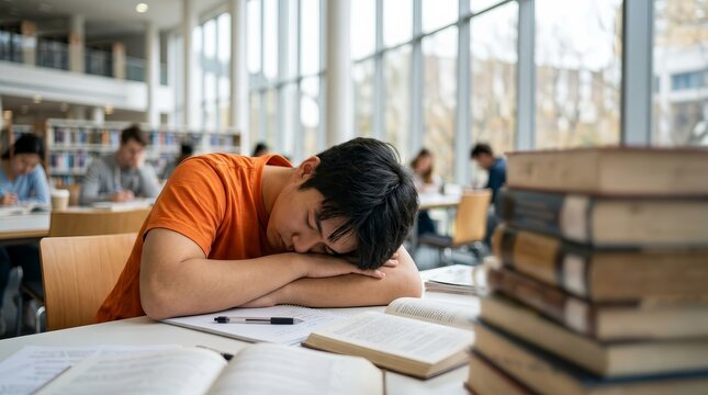 Male student feeling the pressure of expectation and haste while studying books in a library.