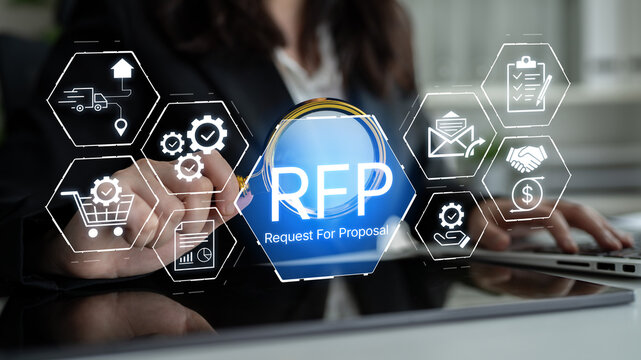 Business professional analyzing digital Request for Proposal concept with icons symbolizing marketing, communication, and project management activities. Bitwise.