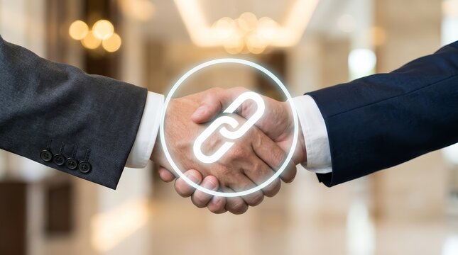 Concept of online web backlinks technology featuring a businessman handshake and link icon.