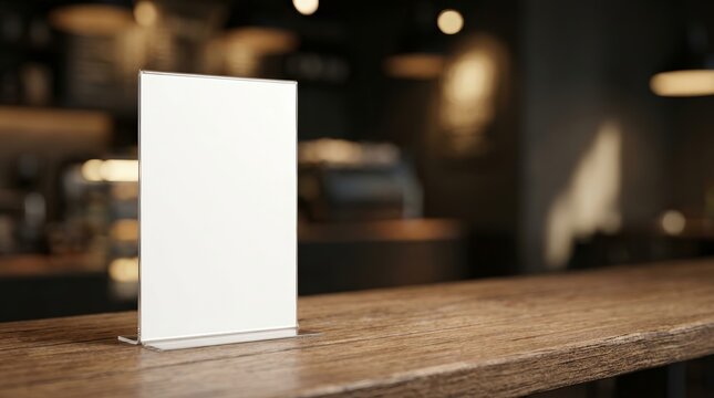 Restaurant menu stand mockup with a white card on a bar counter and blurred background.
