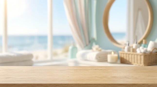 Wooden Table Mockup in Bright Spa Bathroom with Ocean View for Cosmetic Product Display Presentation and Background Use