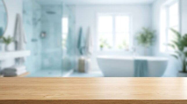 Empty Wooden Table Top Foreground Blurred Modern Bathroom Interior Background for Product Placement Mockup Presentation