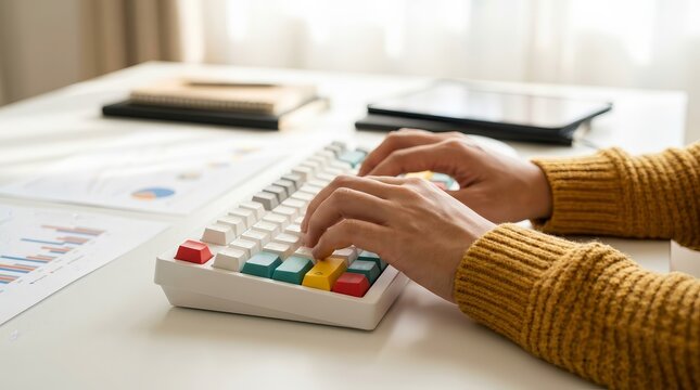 Hands using a modern white keyboard for programming and data entry at a desk