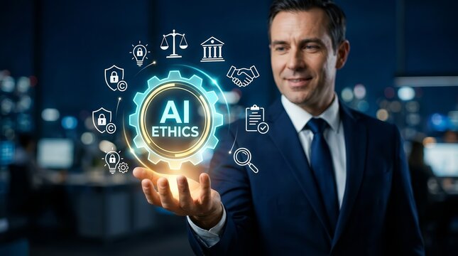Professional presenting AI ethics including privacy, governance, and trustworthy technology risk control icons.