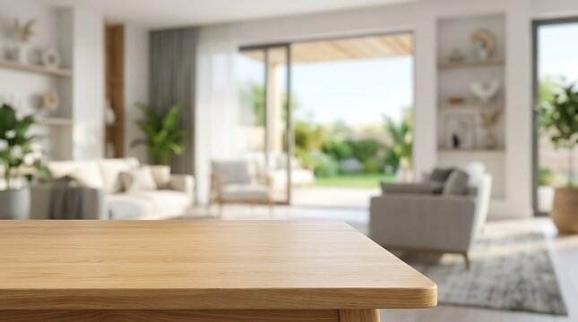 Empty wooden table top with blurred modern living room background for product display in bright home interior design.