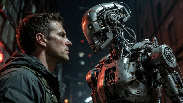 Human Rebel Facing Menacing Artificial Intelligence Soldier