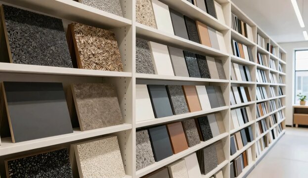 Material research library presenting reclaimed rubber samples, industrial offcuts and prototype surfaces for circular manufacturing and sustainable product design