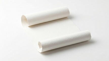 Fototapeta premium Single sheet of textured white paper rolled inward at both ends creating a blank scroll on white background