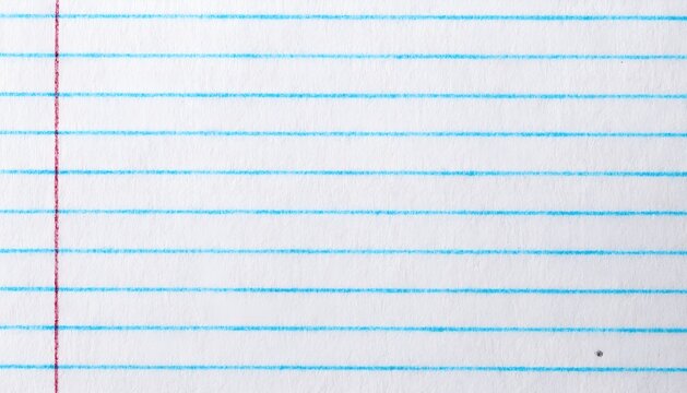 Lined notebook paper texture background. White paper sheet with horizontal blue lines and red margin. Blank stationery background for education, school notes, and writing.